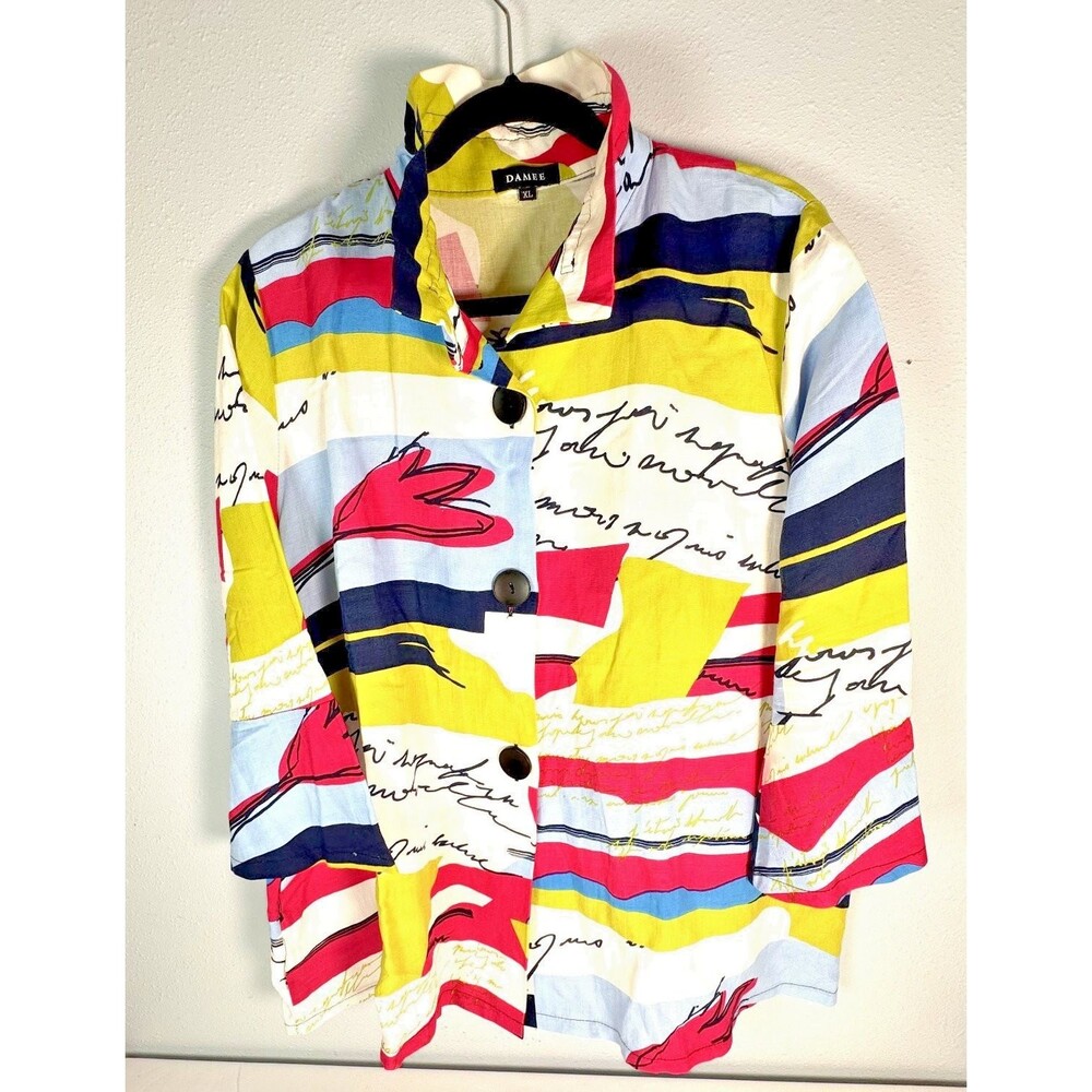 Damee Art to Wear Jacket Womens XL Multicolor Abstract Script Print Button Front